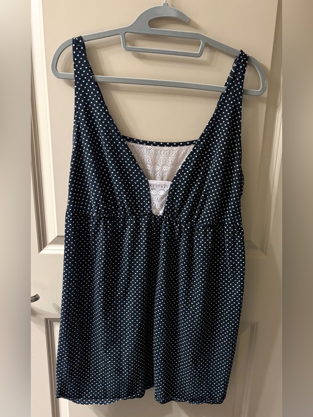 Cacique Navy and White Heart Polka Dot Lace-Trim Chemise Size 18-20